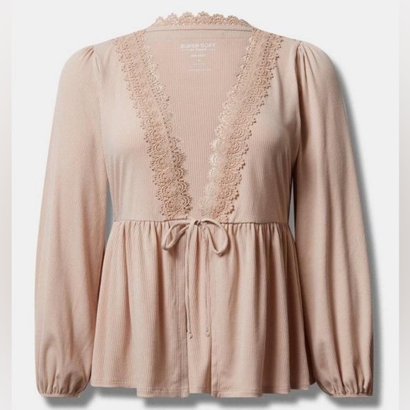 Torrid Smoke Super Soft Rib V-Neck Lace Trim Tie Front Long Sleeve Top Size M 00 - Picture 8 of 9